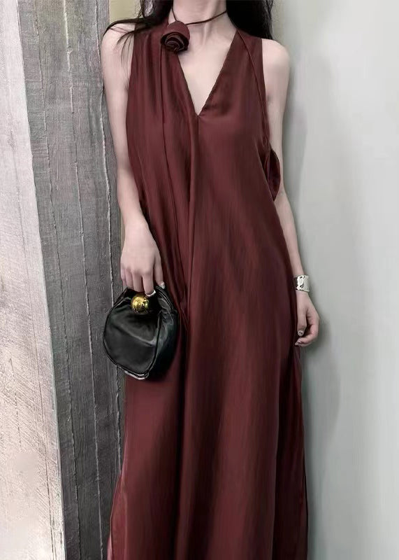 French Style Mulberry V Neck Silk Party Dress Sleeveless