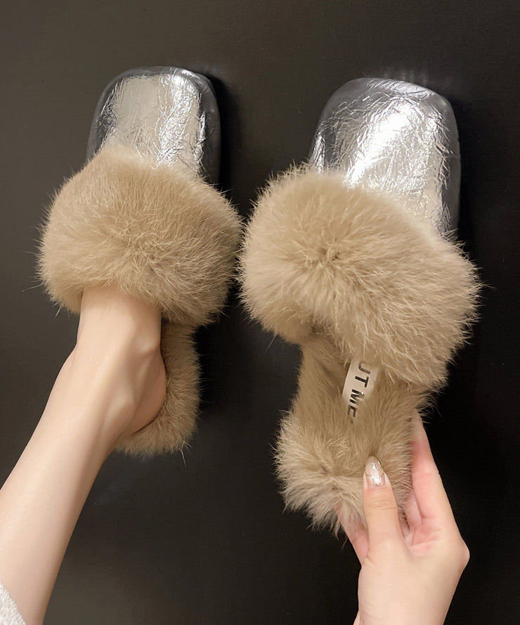 French Style Silver Slippers Shoes Splicing Fuzzy Wool Lined