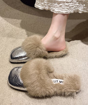 French Style Silver Slippers Shoes Splicing Fuzzy Wool Lined