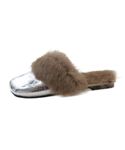 French Style Silver Slippers Shoes Splicing Fuzzy Wool Lined