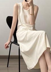 French Style White U Neck Cotton Long Dresses Sleeveless