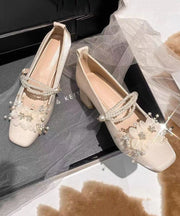 French Sweet Flower Thick Heel Satin Mary Jane Shoes