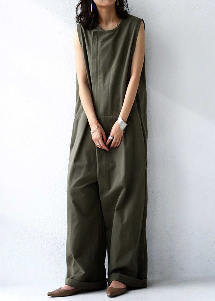 French Tea Green Patchwork Cotton Wide Leg Jumpsuit Summer