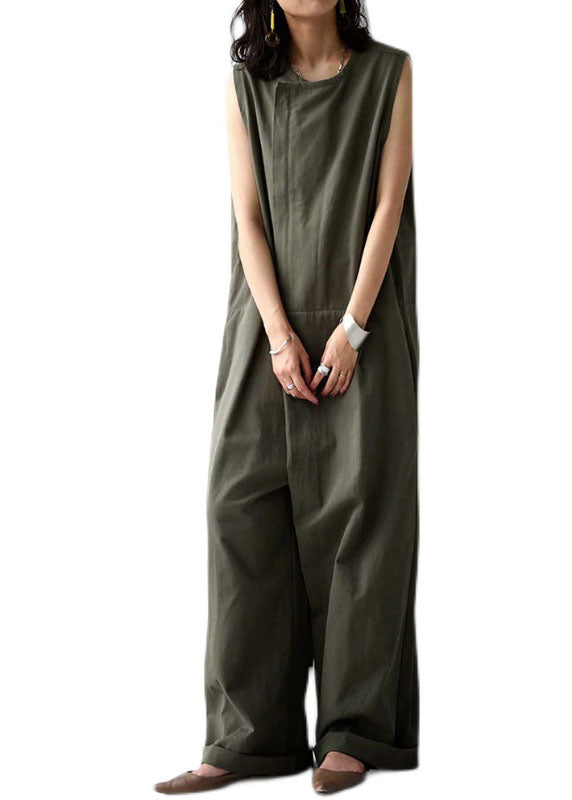 French Tea Green Patchwork Cotton Wide Leg Jumpsuit Summer