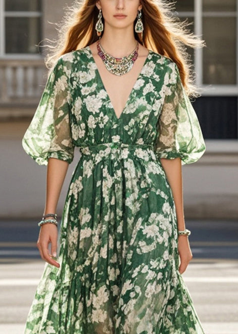 French Tea Green V Neck Print Chiffon Party Dress Summer