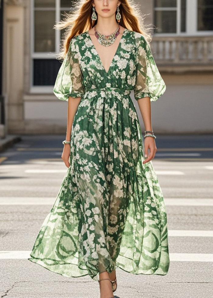 French Tea Green V Neck Print Chiffon Party Dress Summer