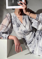 French V Neck Asymmetrical Print Chiffon Mid Dress Long Sleeve