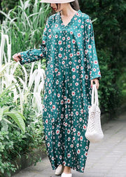 French Green Daisy Print Summer Dress Long Caftan Sundress