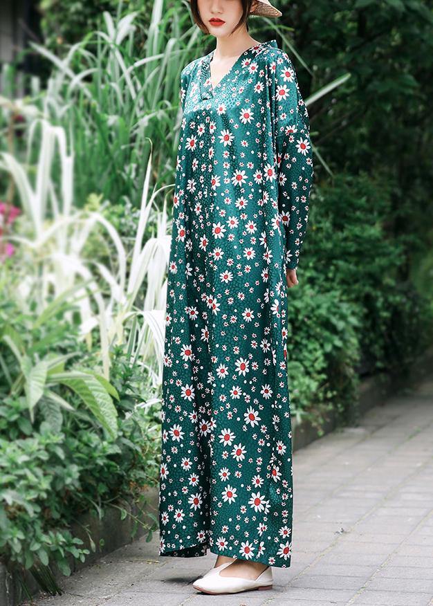 French Green Daisy Print Summer Dress Long Caftan Sundress