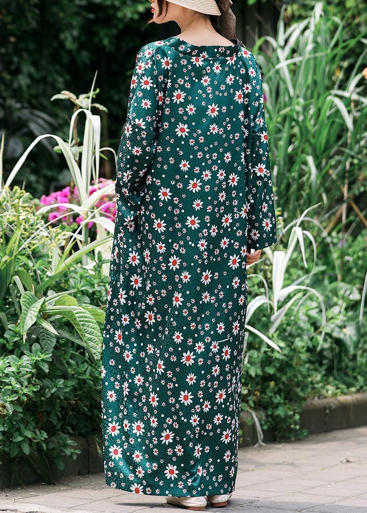 French Green Daisy Print Summer Dress Long Caftan Sundress