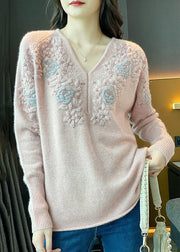 French V Neck Embroidered Patchwork Cotton Knit Sweaters Fall