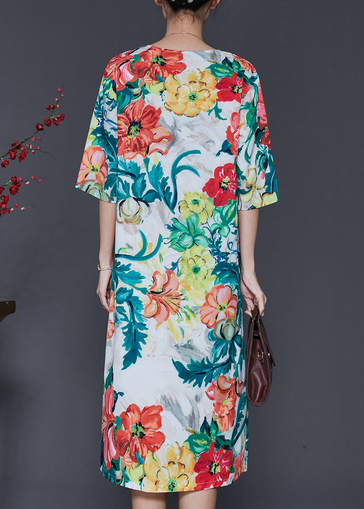 French V Neck Floral Print Silk Dress Half Sleeve