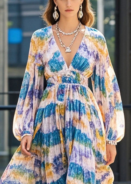 French V Neck Print Chiffon Holiday Dresses Spring