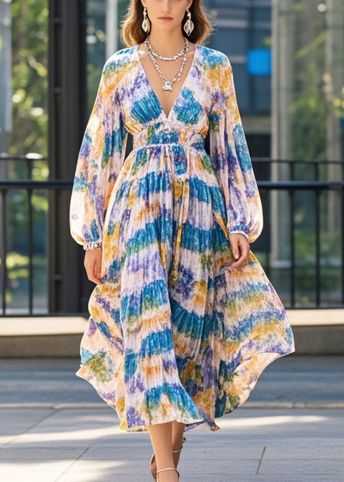 French V Neck Print Chiffon Holiday Dresses Fall