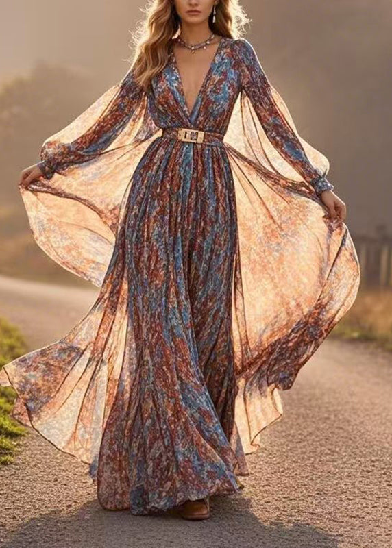 French V Neck Wrinkled Chiffon Long Dresses Lantern Sleeve