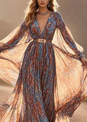 French V Neck Wrinkled Chiffon Long Dresses Lantern Sleeve