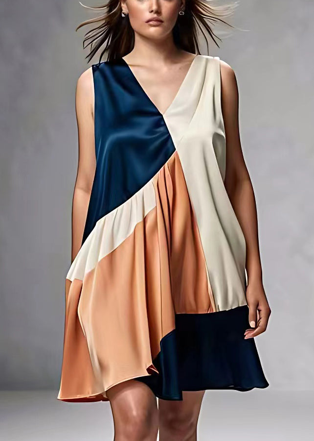French V Neck Wrinkled Patchwork Silk Dress Sleeveless