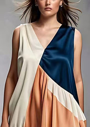 French V Neck Wrinkled Patchwork Silk Dress Sleeveless