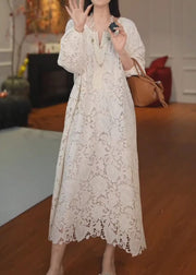 French Versatile Beige Hollow Out Lace Long Dress Summer