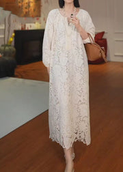 French Versatile Beige Hollow Out Lace Long Dress Summer