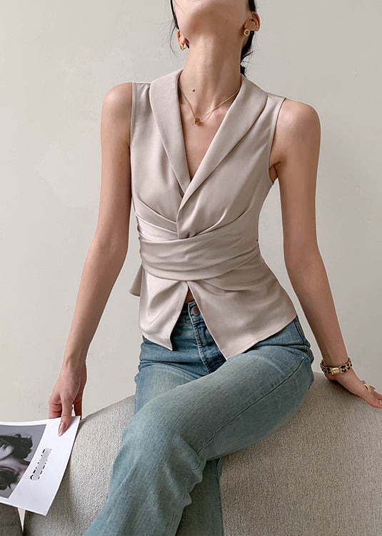 French Versatile Champagne Wrinkled Slim Fit Top Sleeveless