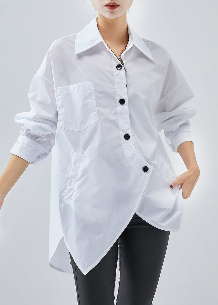 French White Asymmetrical Design Cotton Shirts Fall