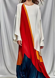 French White Asymmetrical Design Patchwork Silk Maxi Dresses Long Sleeve