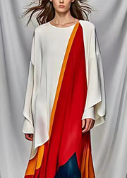 French White Asymmetrical Design Patchwork Silk Maxi Dresses Long Sleeve