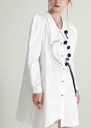 French White Asymmetrical Patchwork Applique Cotton Long Shirts Fall