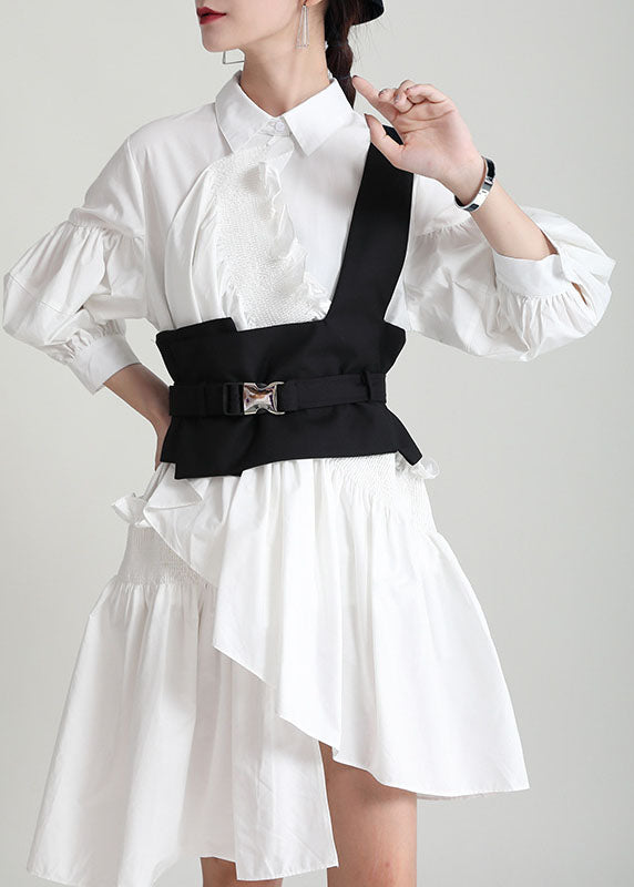 French White Asymmetrical Patchwork Ruffles Cotton Shirt Dress Lantern Sleeve