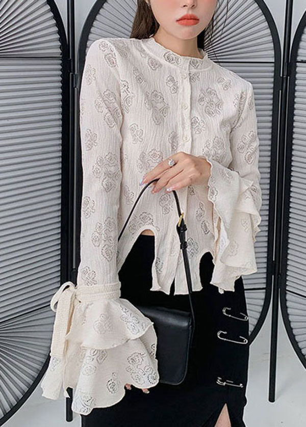 French White Asymmetrical Print Cotton Top Flare Sleeve