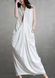 French White Asymmetrical Wrinkled Patchwork Cotton Dresses Summer