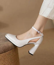 French White Buckle Strap Splicing Hollow Out Chunky High Heels