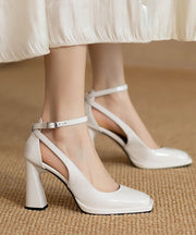 French White Buckle Strap Splicing Hollow Out Chunky High Heels