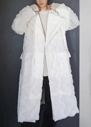 French White Button Pockets Faux Leather Patchwork Men Coat Winter