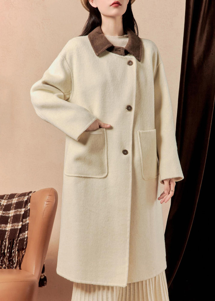 French White Button Pockets Patchwork Woolen Coat Winter