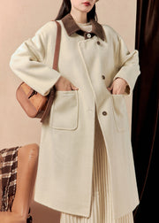 French White Button Pockets Patchwork Woolen Coat Winter