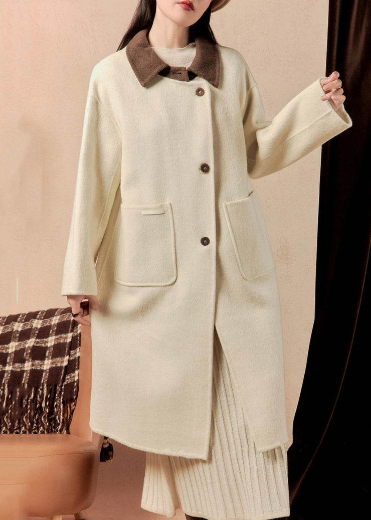 French White Button Pockets Patchwork Woolen Coat Winter