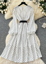 French White Cinched Dot Cotton Long Dress Spring