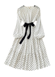 French White Cinched Dot Cotton Long Dress Spring