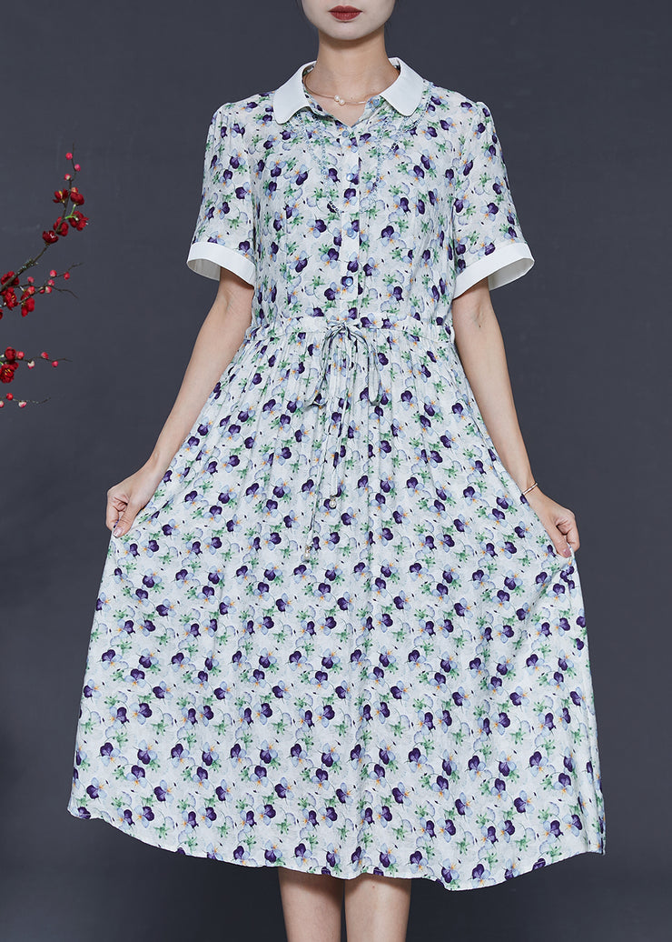 French White Cinched Print Chiffon Dress Summer