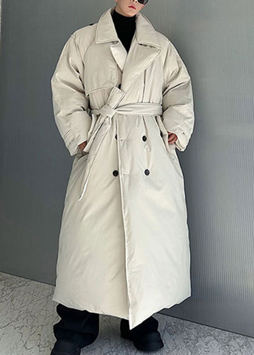 French White Double Breast Tie Waist Men Parka Winter