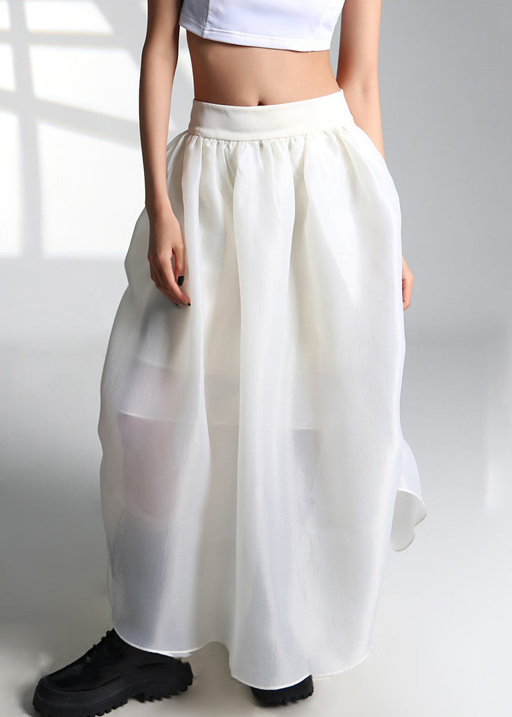 French White Drawstring High Waist Tulle Skirt Summer