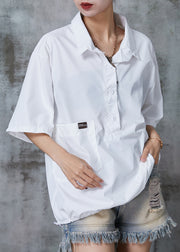 French White Drawstring Pocket Cotton Sweatshirts Tops Summer