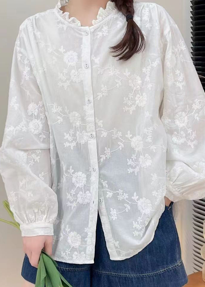 French White Embroidered Button Cotton Shirt Long Sleeve