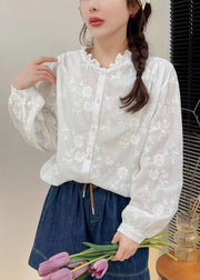 French White Embroidered Button Cotton Shirt Long Sleeve