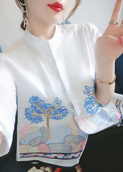 French White Embroidered Button Cotton Shirts Bracelet Sleeve