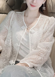 French White Embroidered Button Sequins Lace Coat Summer
