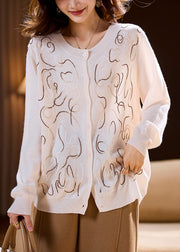 French White Embroidered Button Wool Knit Cardigan Spring