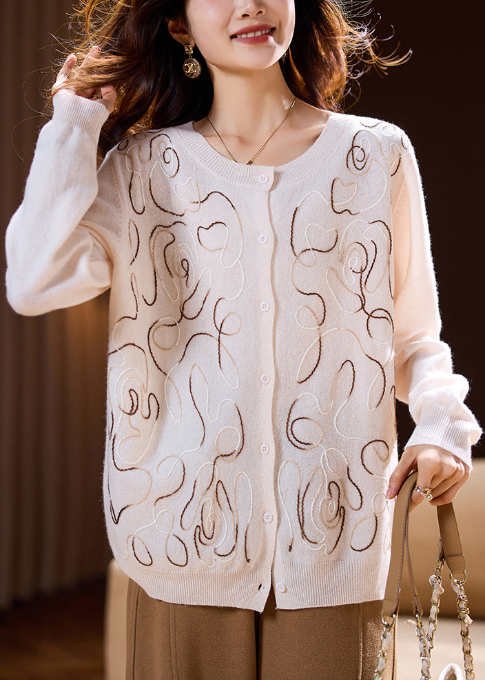 French White Embroidered Button Wool Knit Cardigan Spring